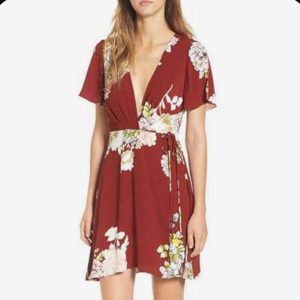 ASTR Deep V-Neck Floral Wrap Dress